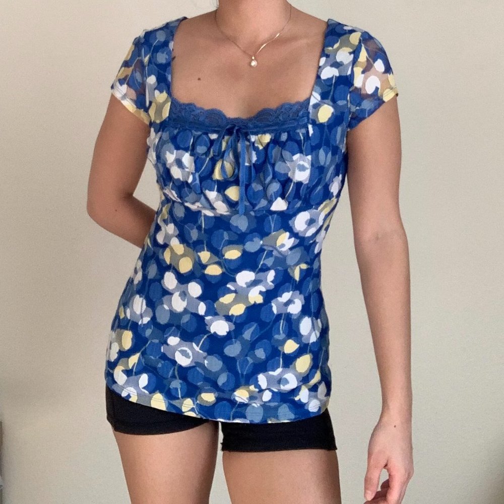 Blue floral peasant milkmaid top